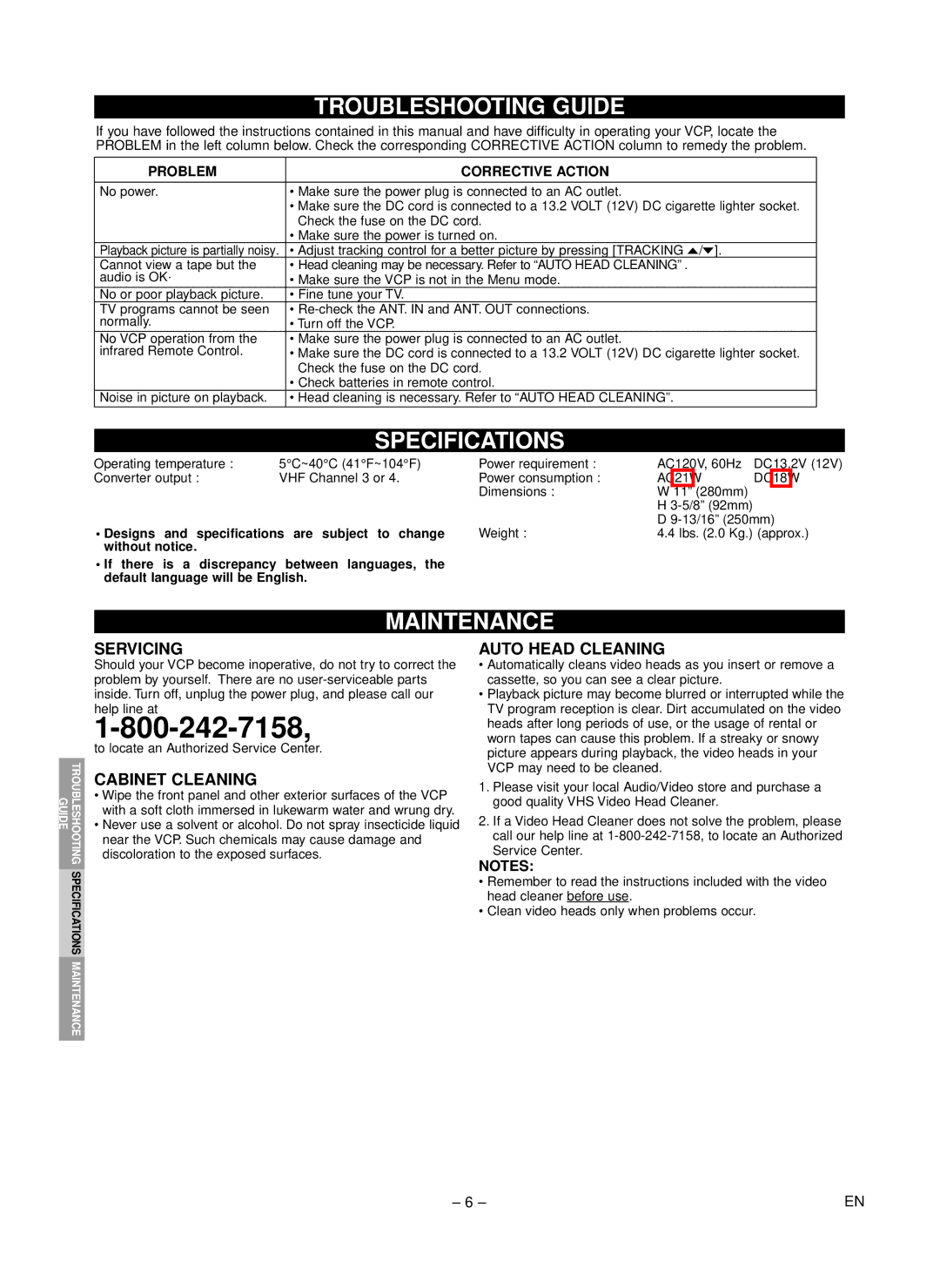 Symphonic MFV210D warranty Troubleshooting Guide, Specifications, Maintenance 