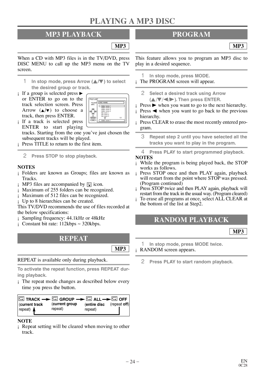 Symphonic MSD513E owner manual Playing a MP3 Disc, MP3 Playback, Program, Repeat 