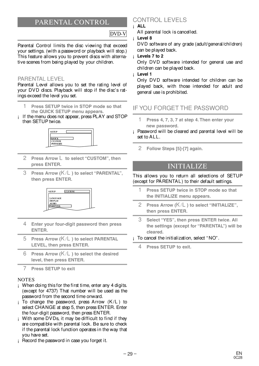 Symphonic MSD513E owner manual Parental Control, Initialize 