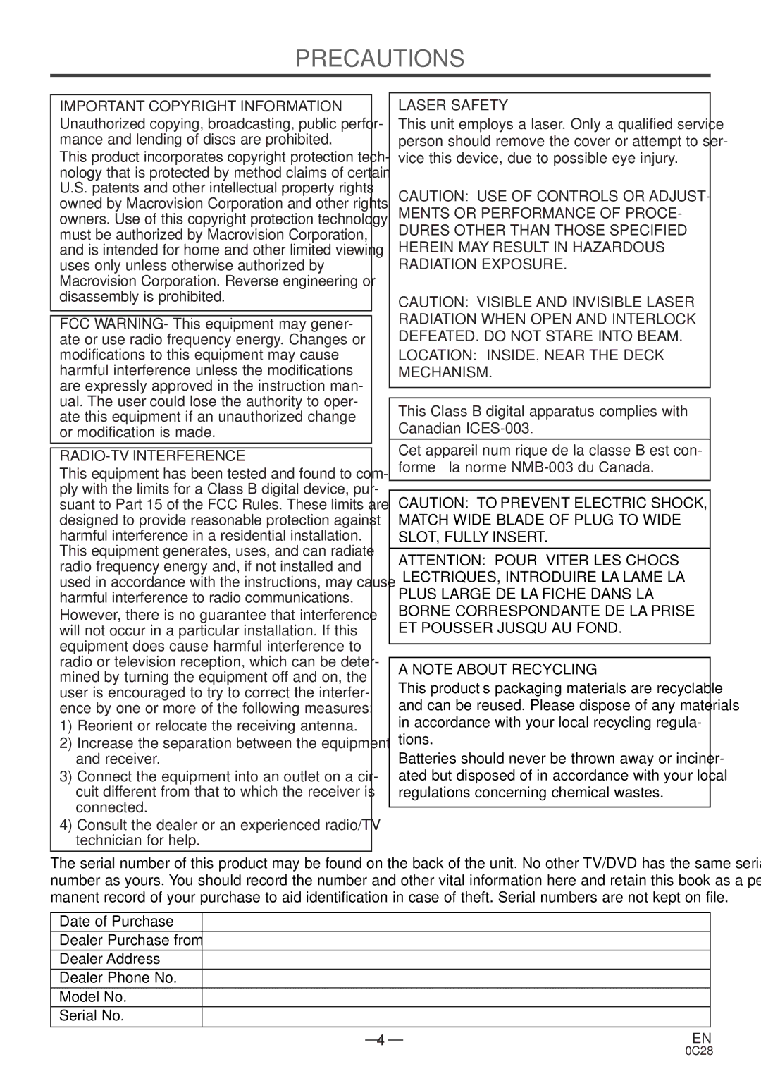 Symphonic MSD513E owner manual Precautions, Important Copyright Information, RADIO-TV Interference, Laser Safety 