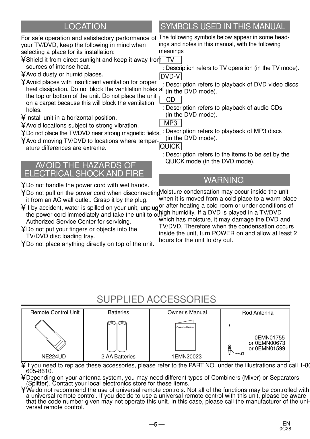 Symphonic MSD513E owner manual Supplied Accessories, Location, Avoid the Hazards Electrical Shock and Fire 