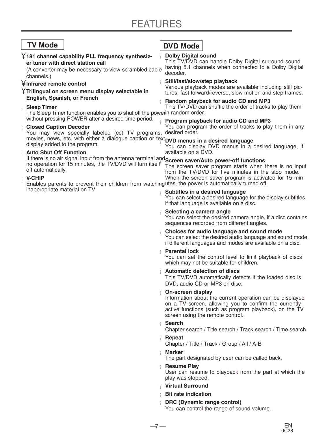 Symphonic MSD513E owner manual Features, TV Mode 