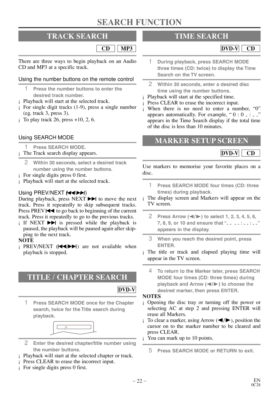 Symphonic RSMGD134 owner manual Search Function, Track Search Time Search, Title / Chapter Search, Marker Setup Screen 