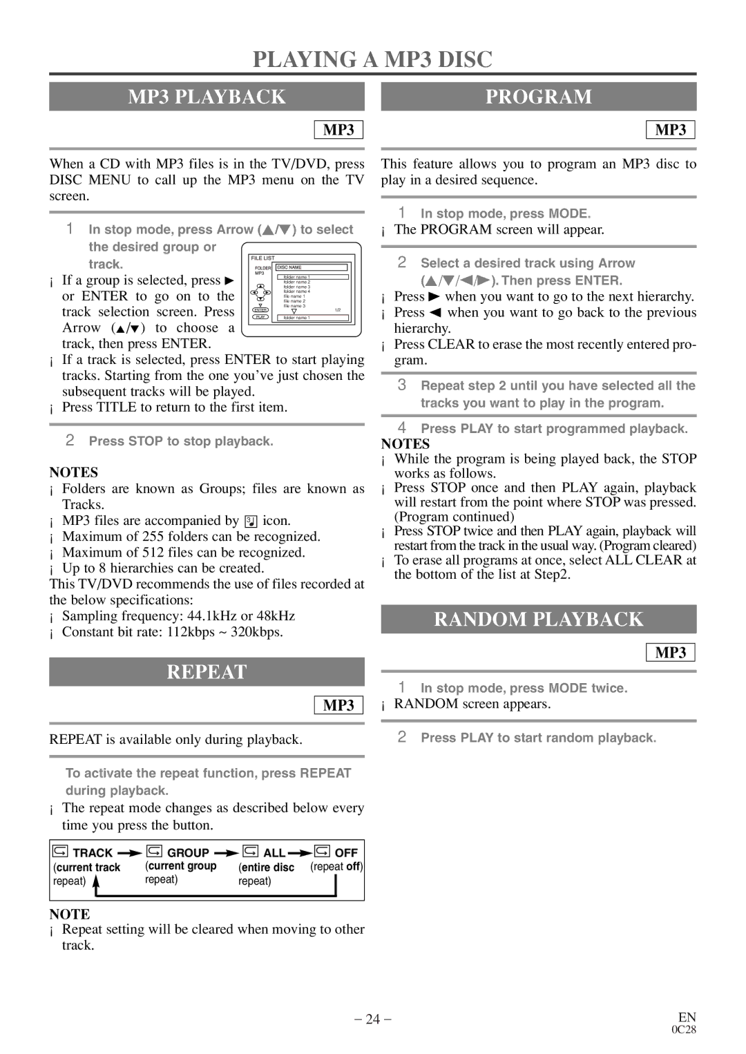 Symphonic RSMGD134 owner manual Playing a MP3 Disc, MP3 Playback, Program, Repeat 