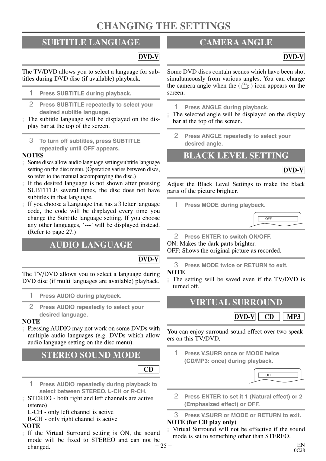 Symphonic RSMGD134 owner manual Changing the Settings, Subtitle Language Camera Angle, Audio Language, Black Level Setting 