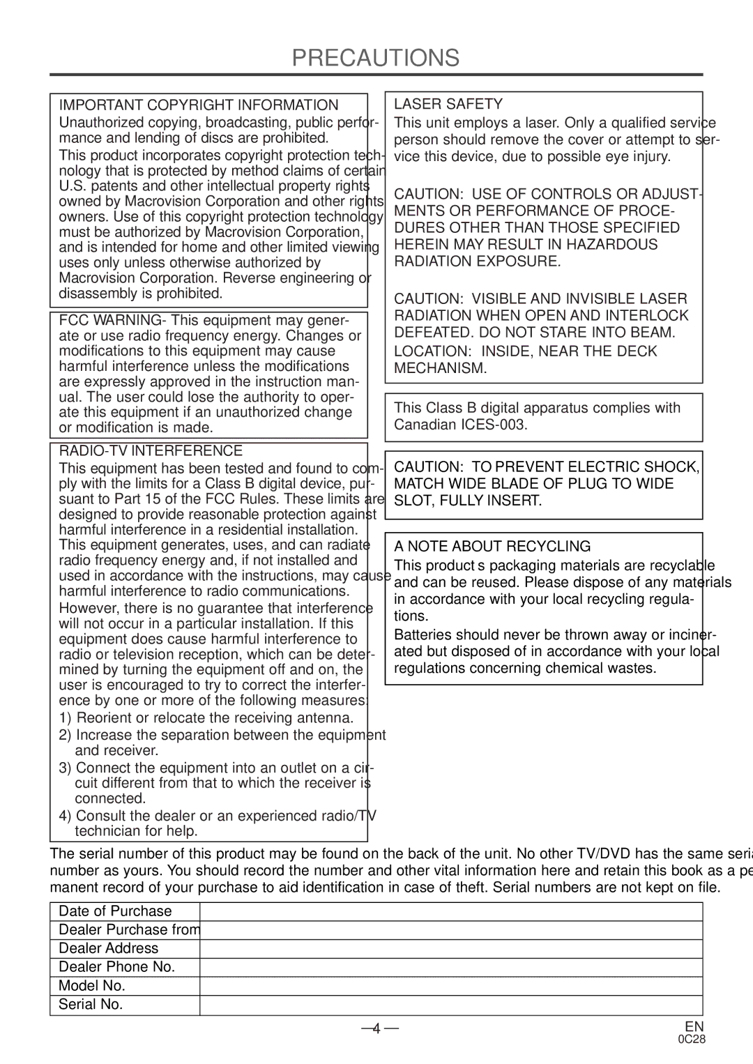 Symphonic RSMGD134 owner manual Precautions, Important Copyright Information, RADIO-TV Interference, Laser Safety 