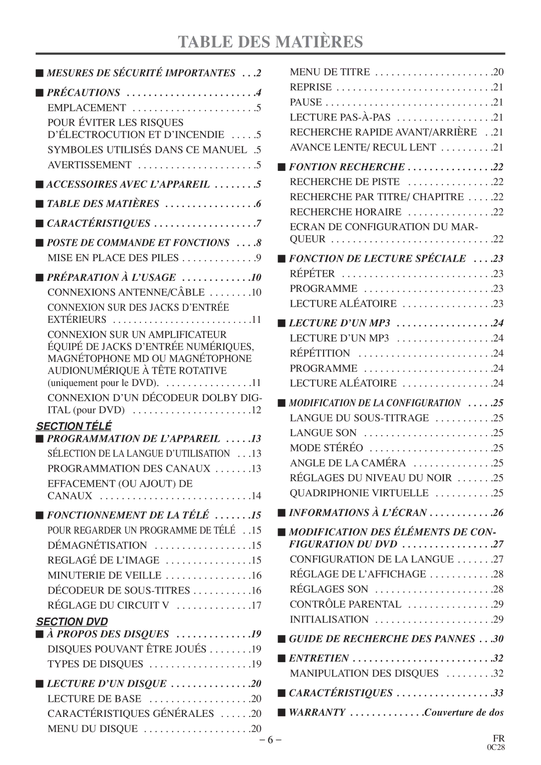 Symphonic RSMGD134 owner manual Table DES Matières 