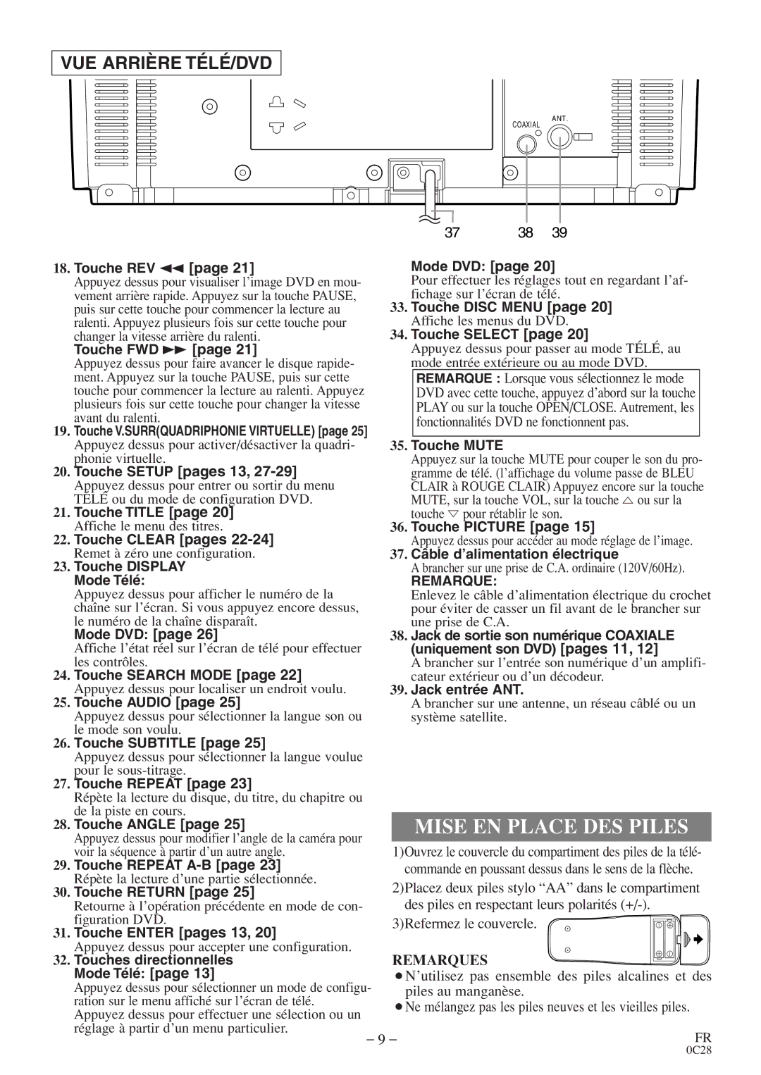 Symphonic RSMGD134 owner manual Mise EN Place DES Piles, Remarques 