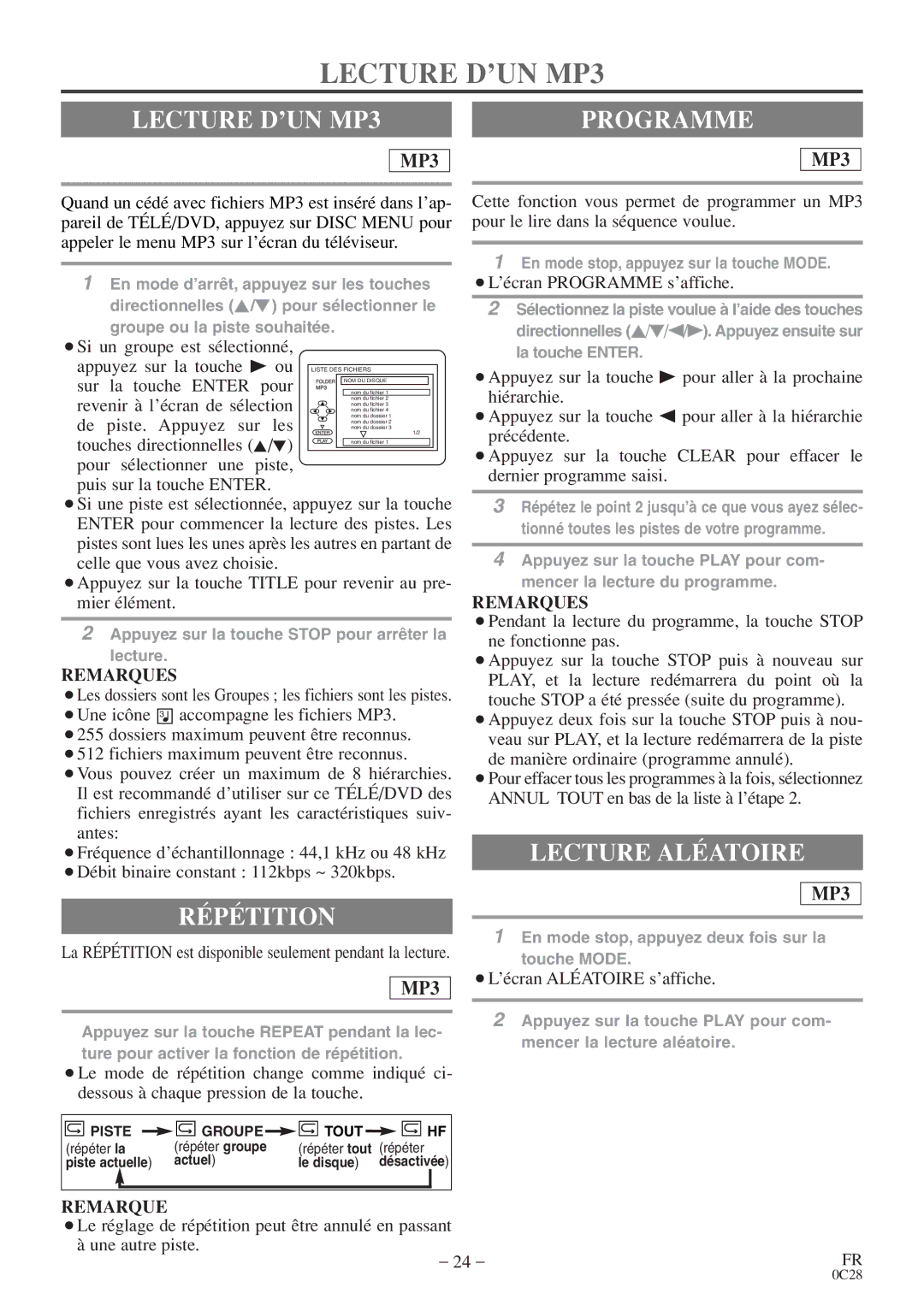 Symphonic RSMGD134 owner manual Lecture D’UN MP3, Programme, La Répétition est disponible seulement pendant la lecture 