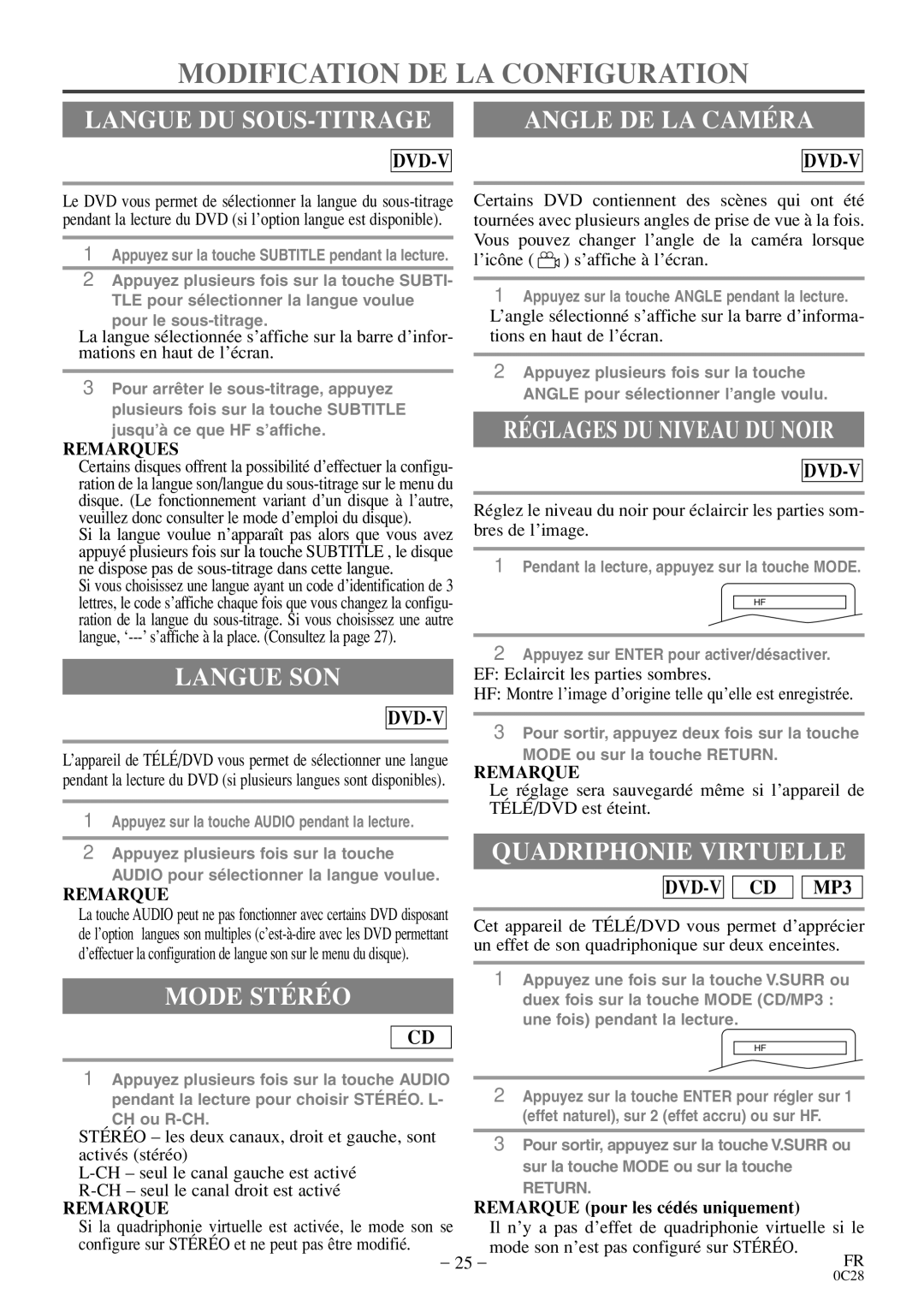 Symphonic RSMGD134 owner manual Modification DE LA Configuration 