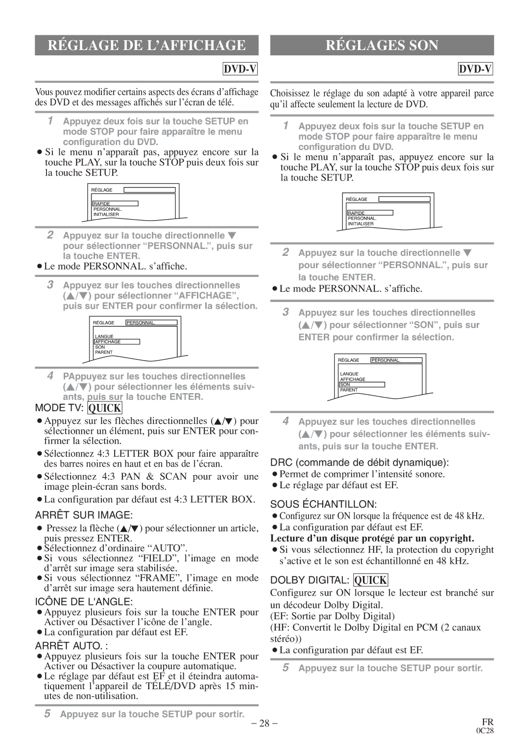 Symphonic RSMGD134 owner manual Réglage DE L’AFFICHAGE, Réglages SON, Lecture d’un disque protégé par un copyright 