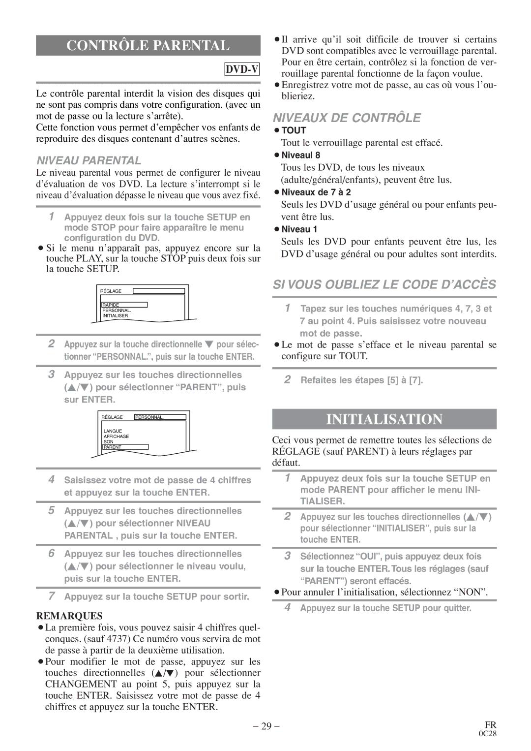 Symphonic RSMGD134 owner manual Contrôle Parental, Initialisation, Tout le verrouillage parental est effacé 