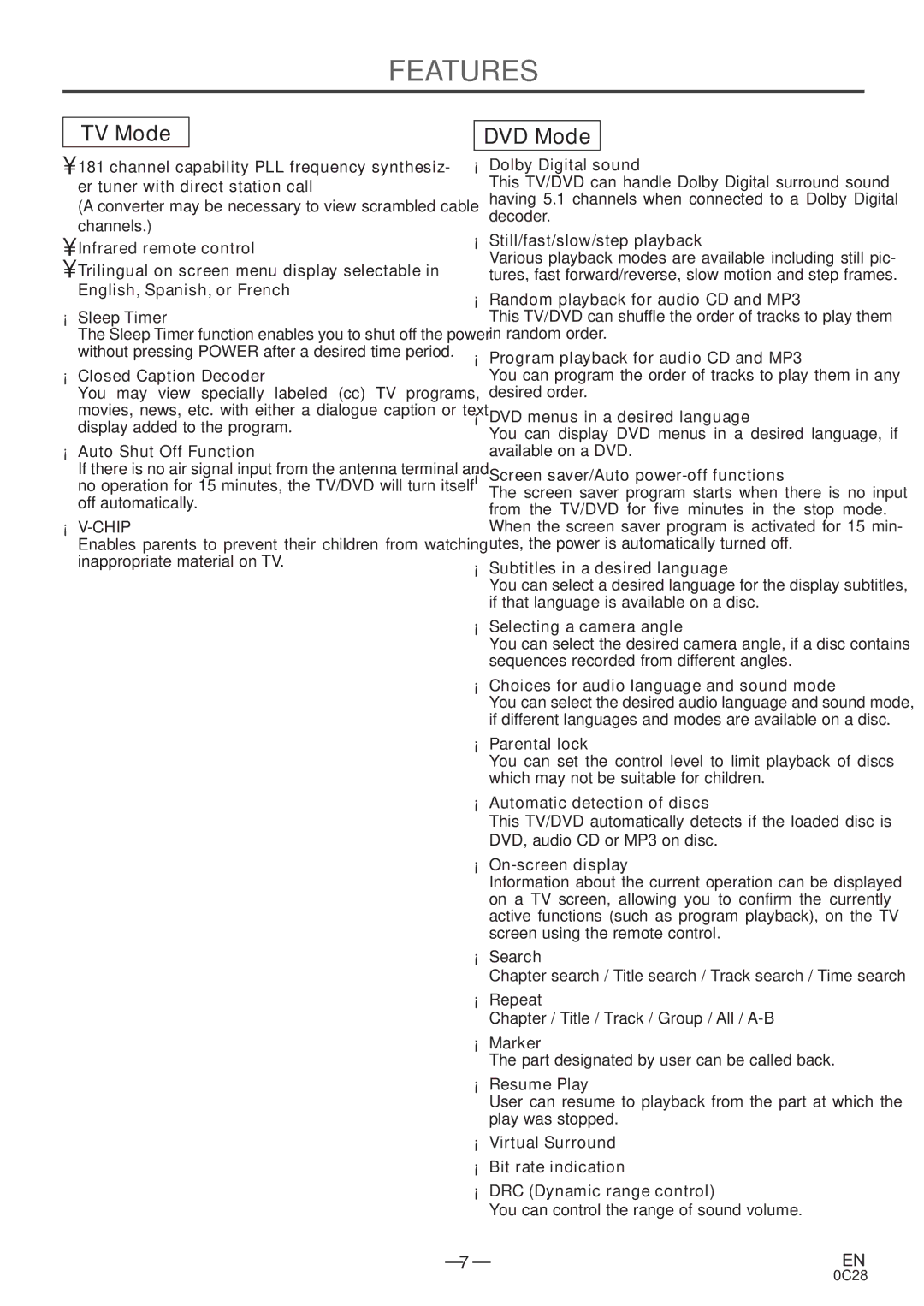 Symphonic RSMGD134 owner manual Features, TV Mode 