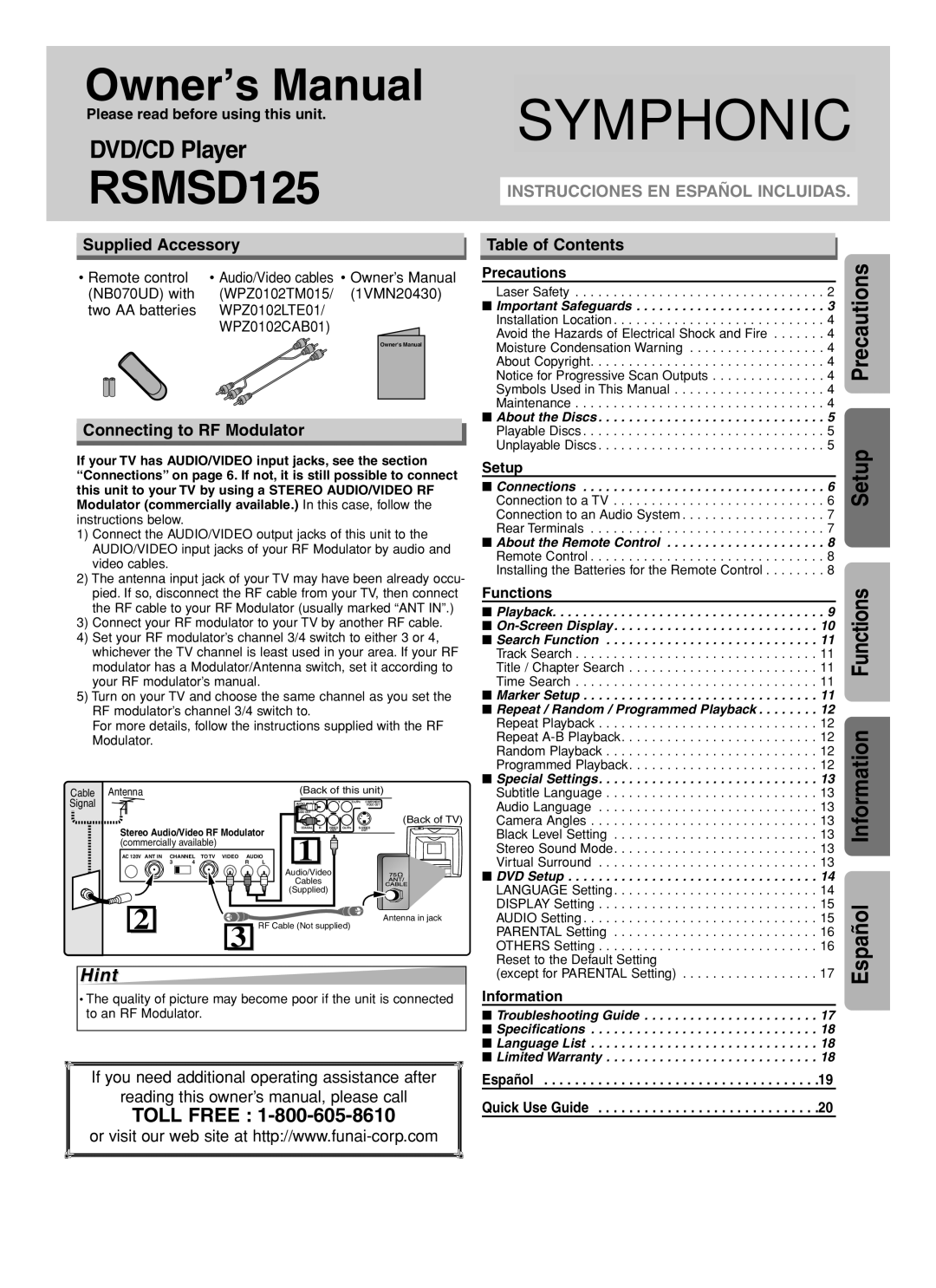 Symphonic RSMSD125 owner manual Hint, Supplied Accessory, Table of Contents, Connecting to RF Modulator 