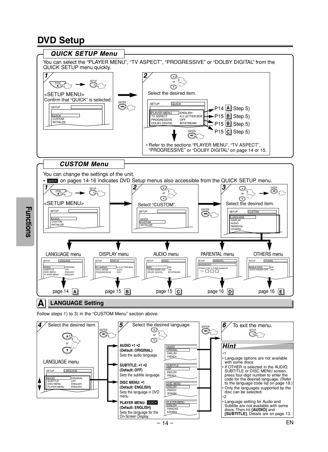 Symphonic RSMSD125 owner manual DVD Setup, Quick Setup Menu, Custom Menu, Language Setting 