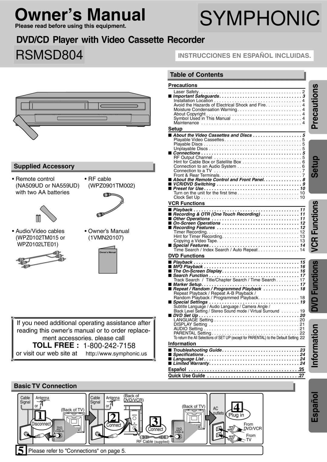 Symphonic RSMSD804 owner manual Functions, Supplied Accessory, Table of Contents, Basic TV Connection 