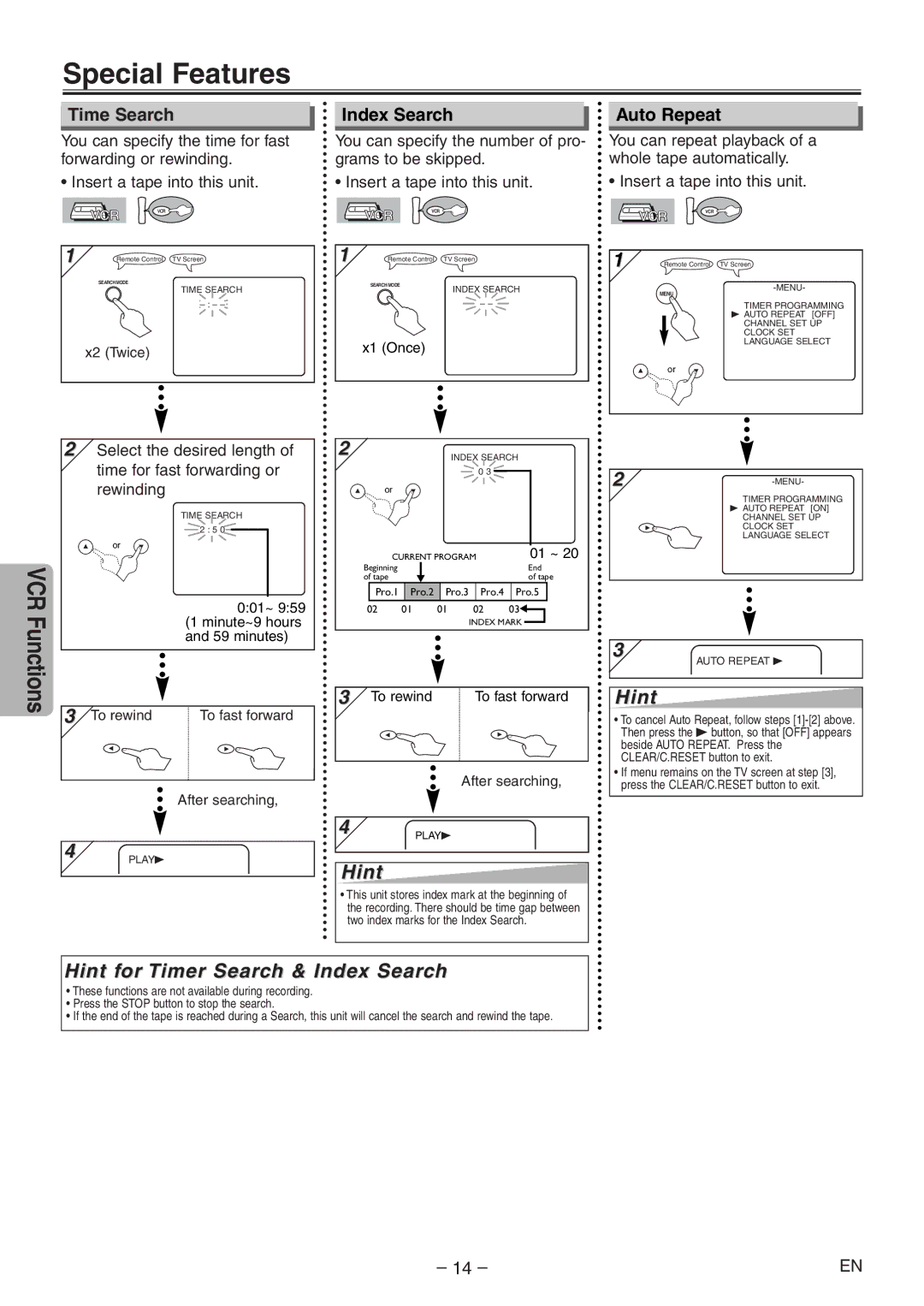 Symphonic RSMSD804 owner manual Special Features, Hint for Timer Search & Index Search, Time Search, Auto Repeat 