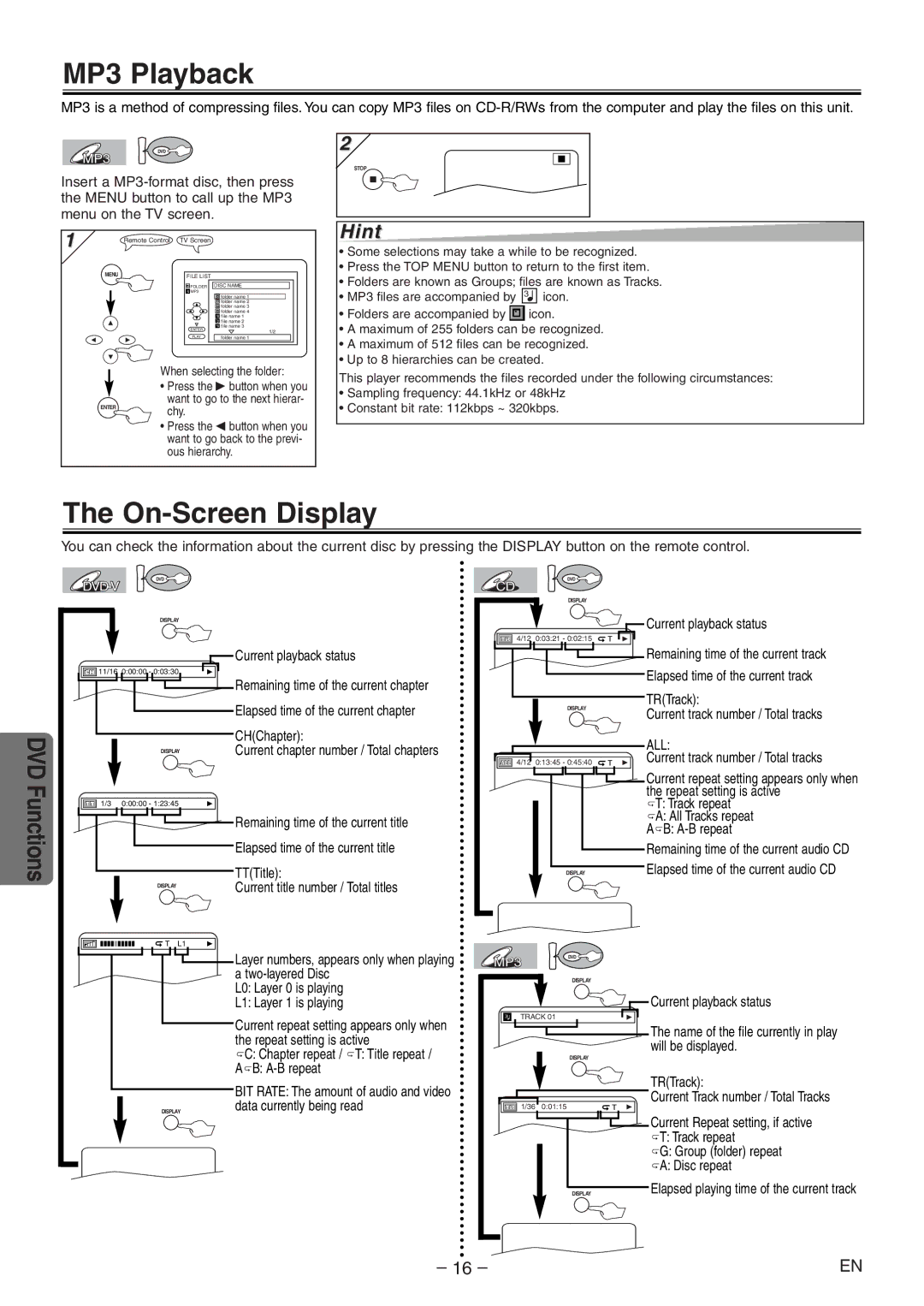 Symphonic RSMSD804 owner manual MP3 Playback, On-Screen Display 