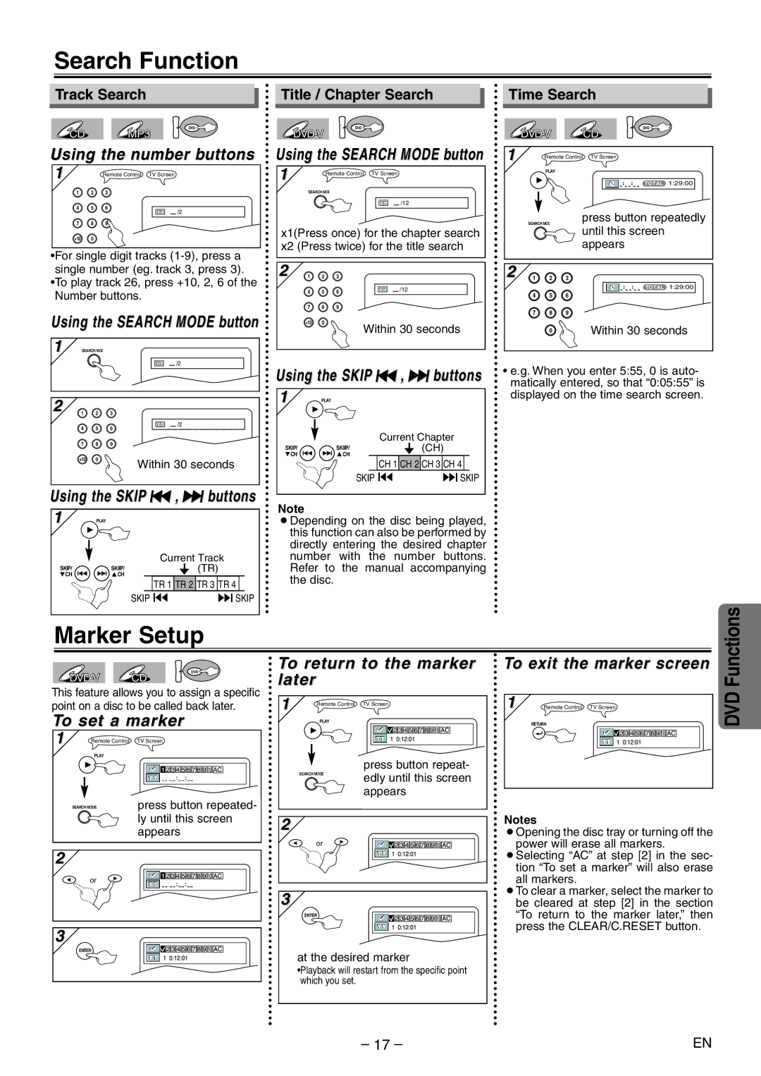 Symphonic RSMSD804 owner manual Search Function, Marker Setup 