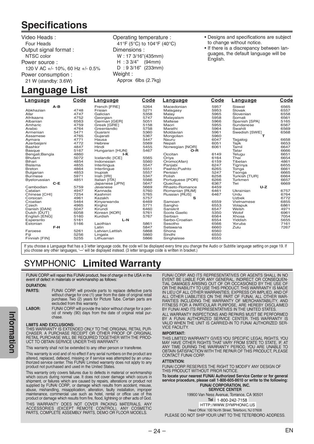 Symphonic RSMSD804 owner manual Specifications, Language List, Symphonic Limited Warranty 