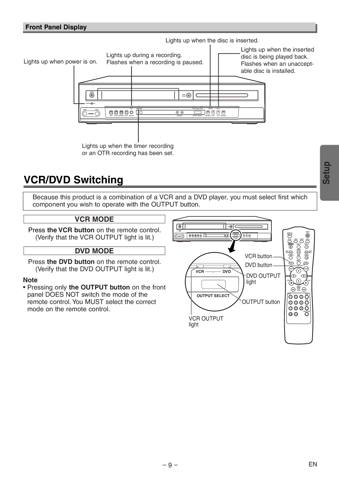 Symphonic RSMSD804 VCR/DVD Switching, Front Panel Display, Lights up during a recording, Disc is being played back 