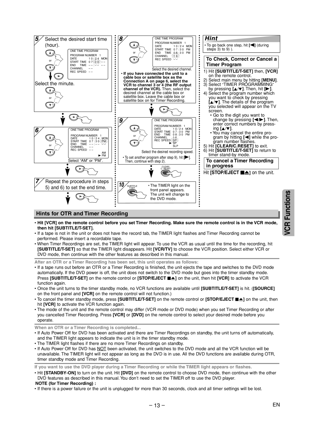 Symphonic RSMWD2205 owner manual Hints for OTR and Timer Recording, To Check, Correct or Cancel a Timer Program 