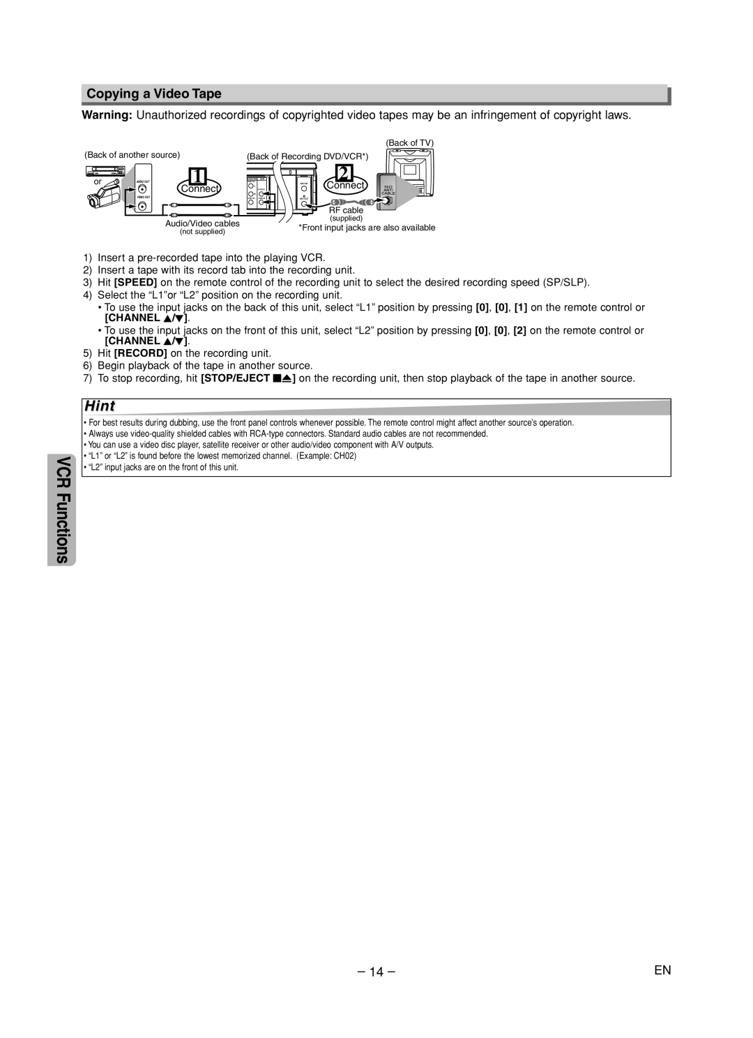 Symphonic RSMWD2205 owner manual Copying a Video Tape, Back of TV Back of another source, RF cable 