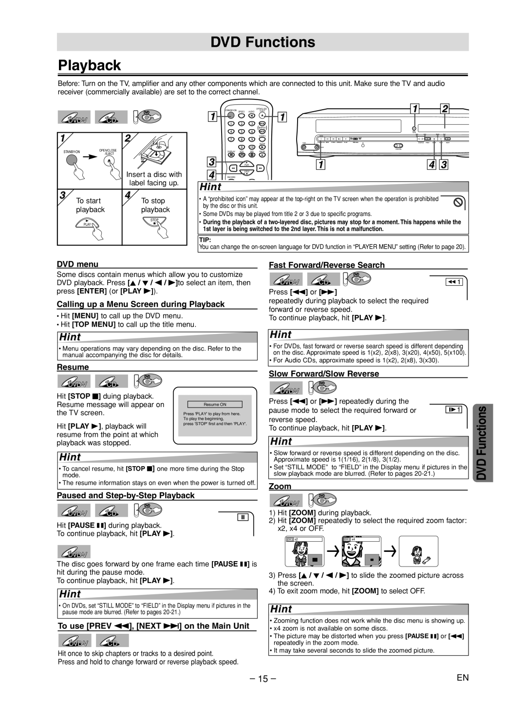 Symphonic RSMWD2205 owner manual DVD Functions Playback 