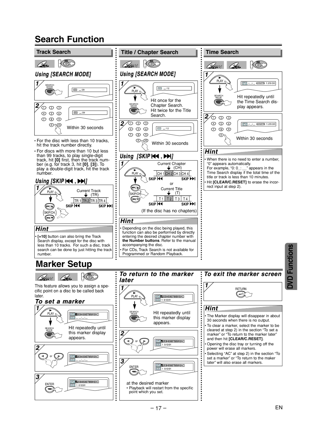 Symphonic RSMWD2205 owner manual Search Function, Marker Setup 