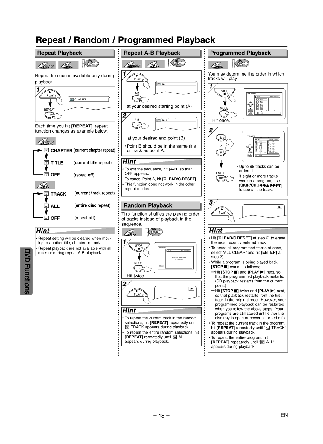 Symphonic RSMWD2205 Repeat / Random / Programmed Playback, Repeat Playback, Repeat A-B Playback, Random Playback 