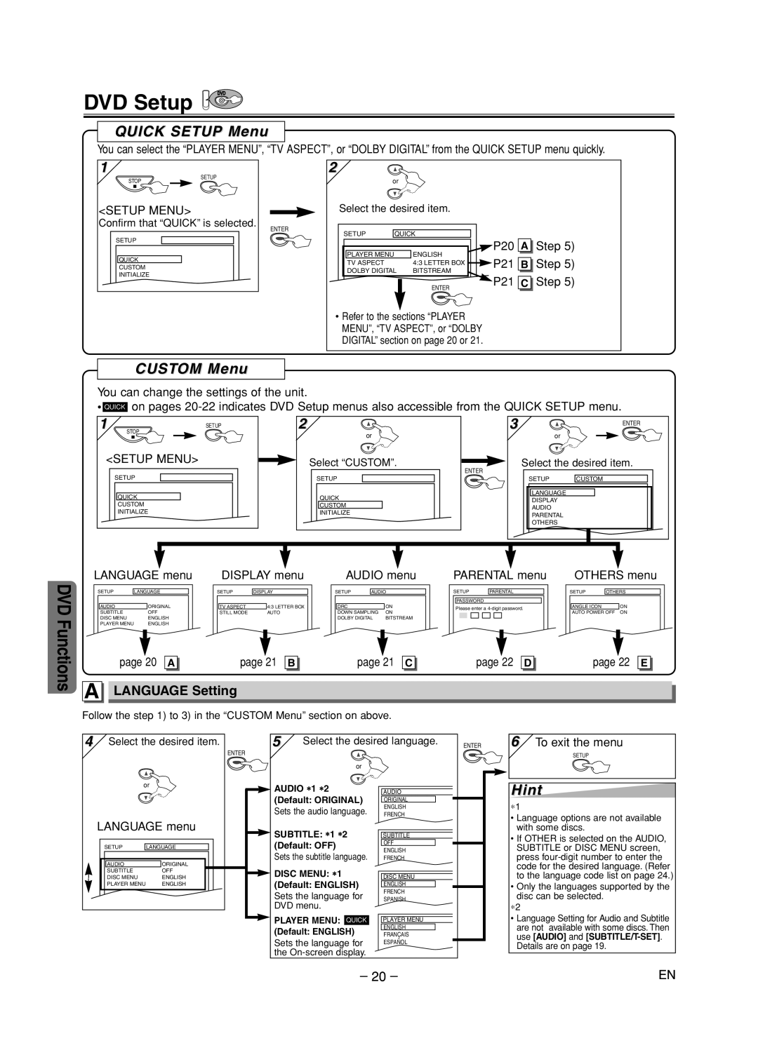 Symphonic RSMWD2205 owner manual DVD Setup, Quick Setup Menu, Custom Menu, Language Setting 