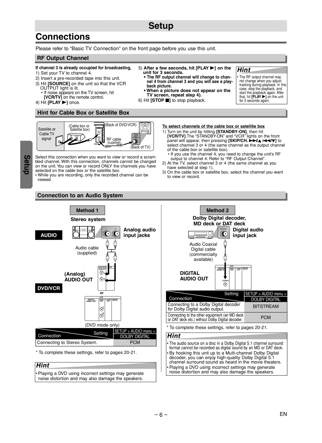 Symphonic RSMWD2205 owner manual Setup Connections, RF Output Channel, Hint for Cable Box or Satellite Box 