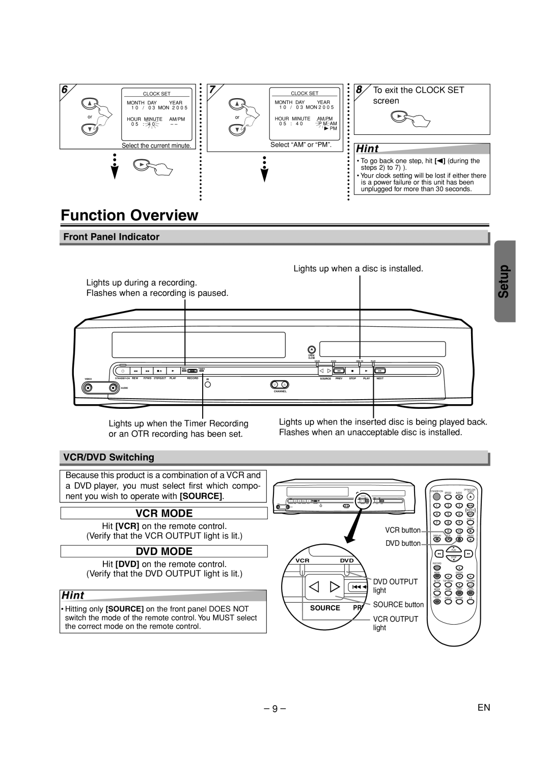 Symphonic RSMWD2205 Function Overview, Front Panel Indicator, Setup, VCR/DVD Switching, Lights up when a disc is installed 