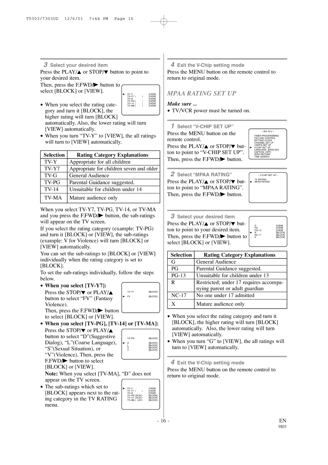 Symphonic SC1302, SC1902 owner manual Mpaa Rating SET UP, Selection Rating Category Explanations, When you select TV-Y7 