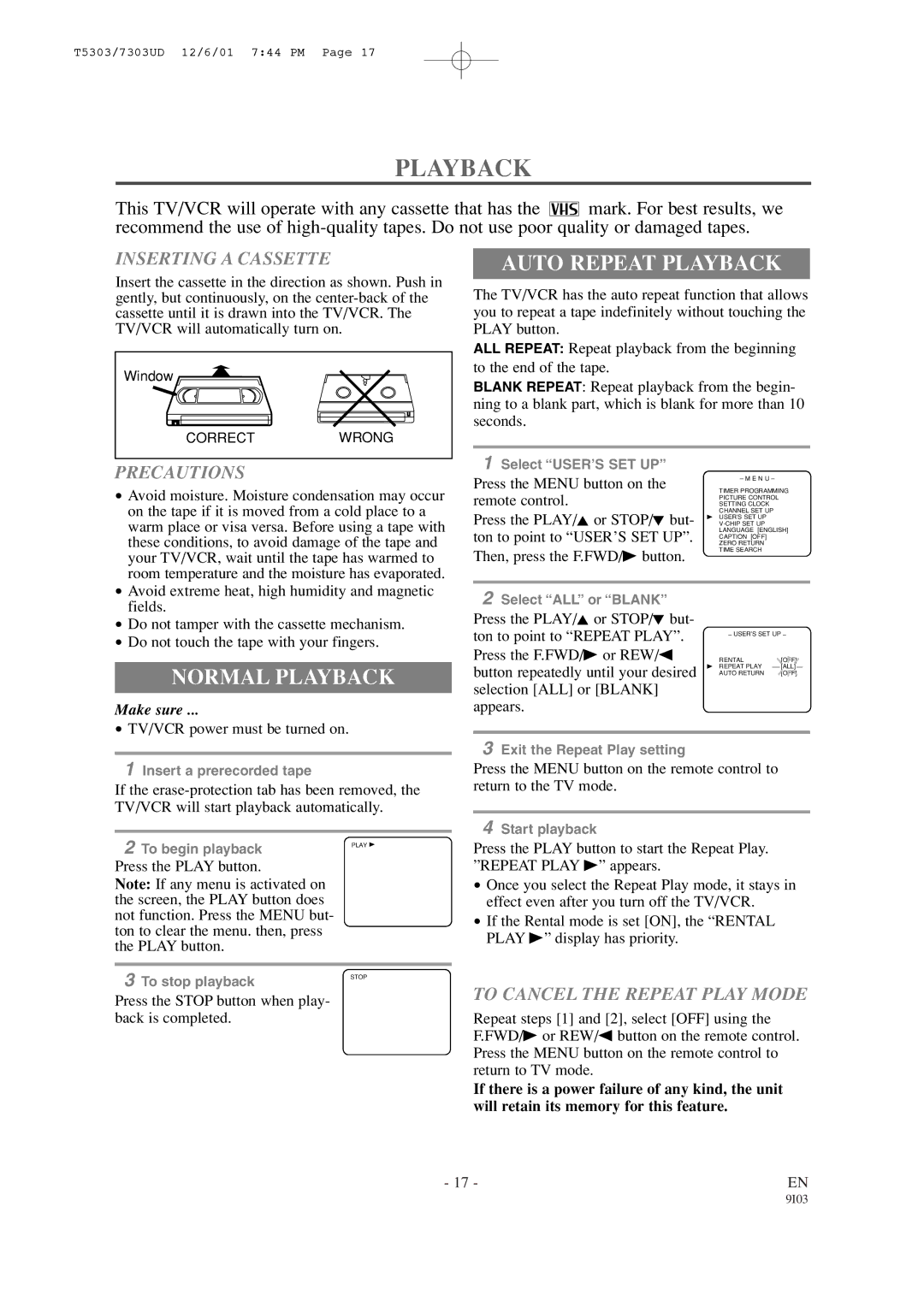 Symphonic SC1302, SC1902 owner manual Auto Repeat Playback, Normal Playback 