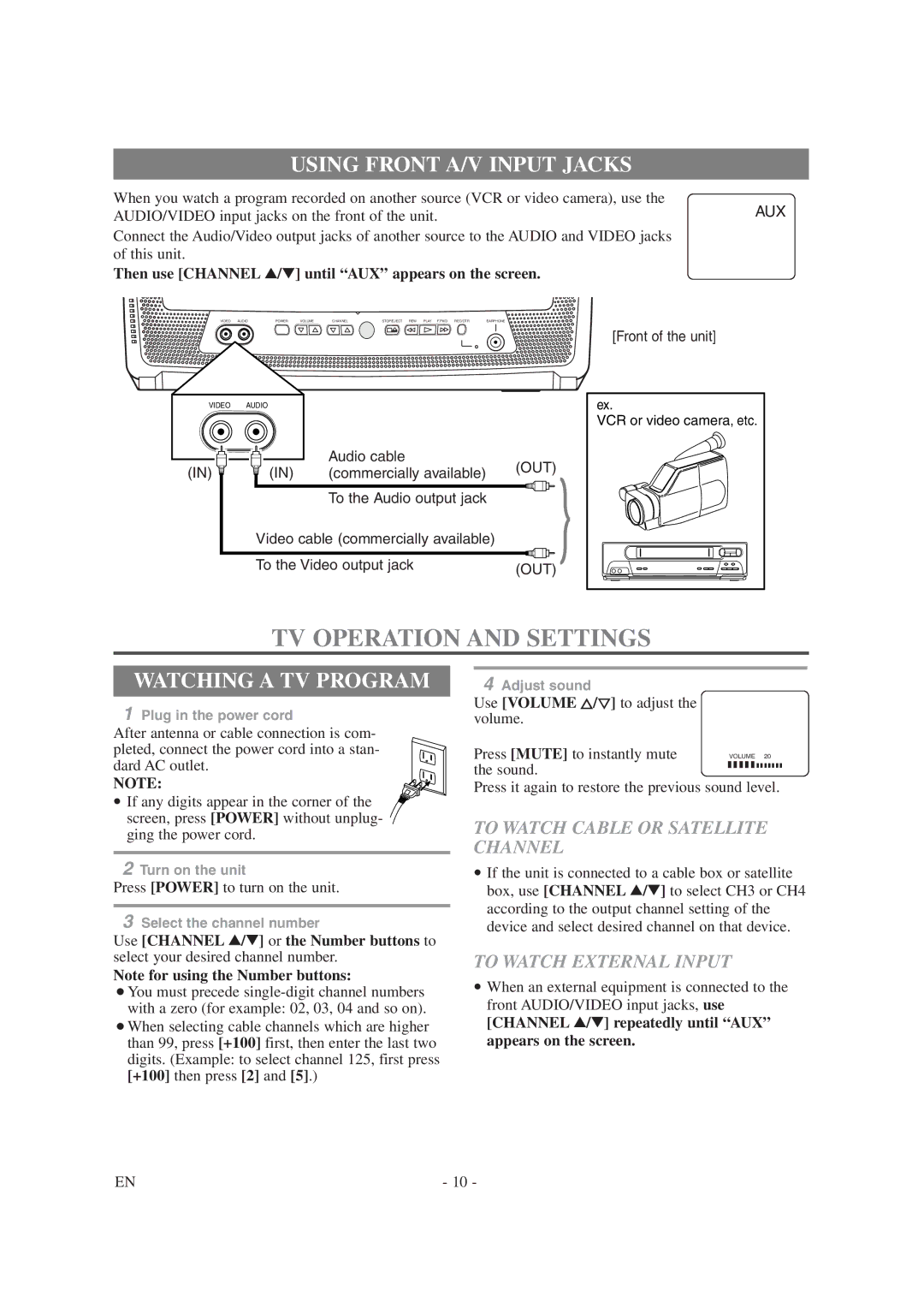 Symphonic SC1304 TV Operation and Settings, Using Front A/V Input Jacks, Watching a TV Program, To Watch External Input 