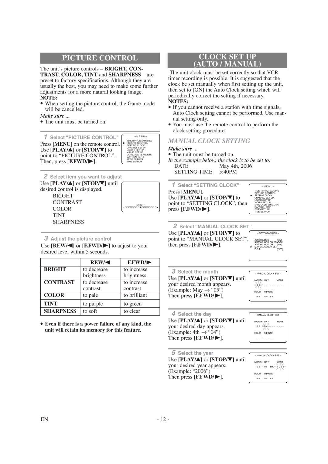 Symphonic SC1304 owner manual Picture Control, Clock SET UP Auto / Manual, Manual Clock Setting 