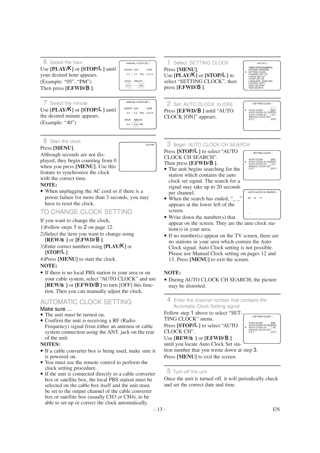 Symphonic SC1304 owner manual To Change Clock Setting, Automatic Clock Setting, Clock CH Search 