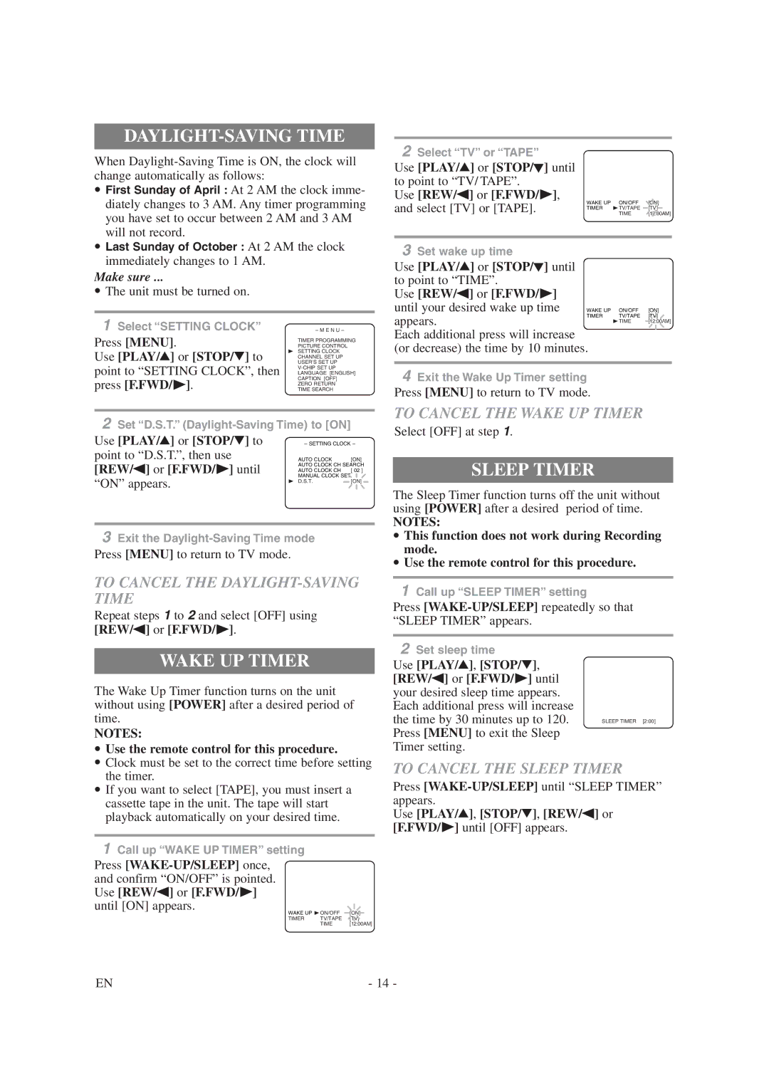 Symphonic SC1304 owner manual DAYLIGHT-SAVING Time, Wake UP Timer, Sleep Timer 