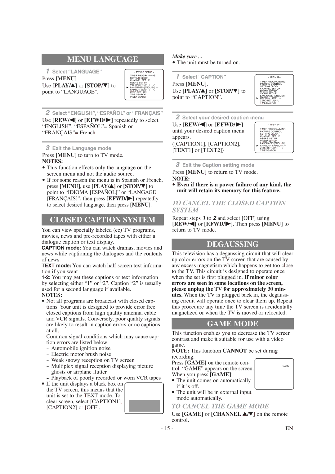 Symphonic SC1304 owner manual Menu Language, Closed Caption System, Degaussing, Game Mode 