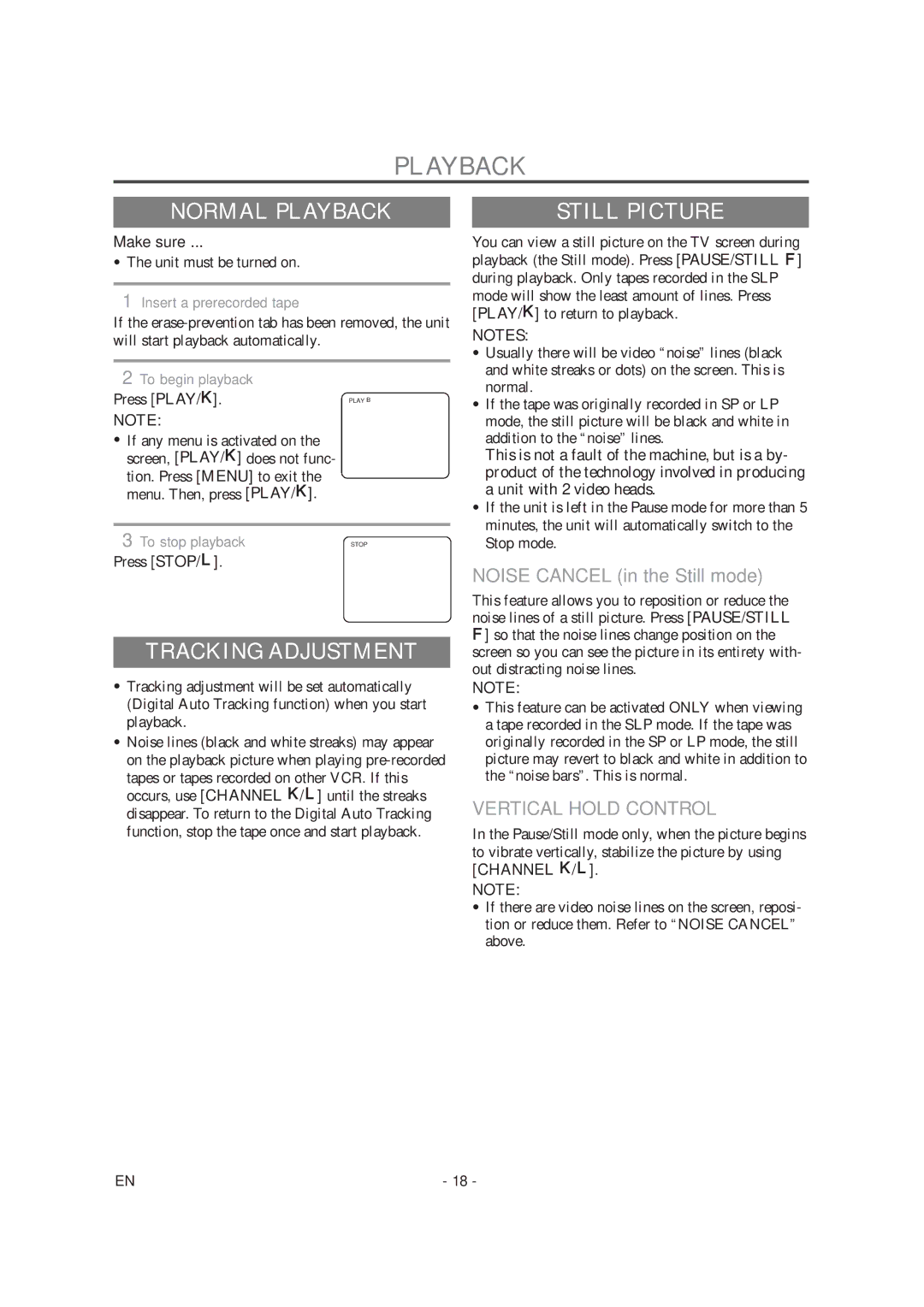 Symphonic SC1304 owner manual Normal Playback, Tracking Adjustment, Still Picture, Vertical Hold Control 