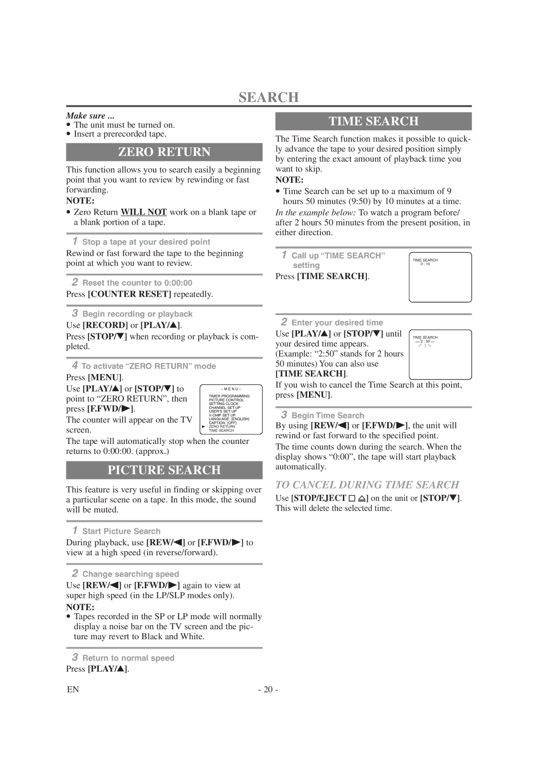 Symphonic SC1304 owner manual Zero Return, Picture Search, To Cancel During Time Search 