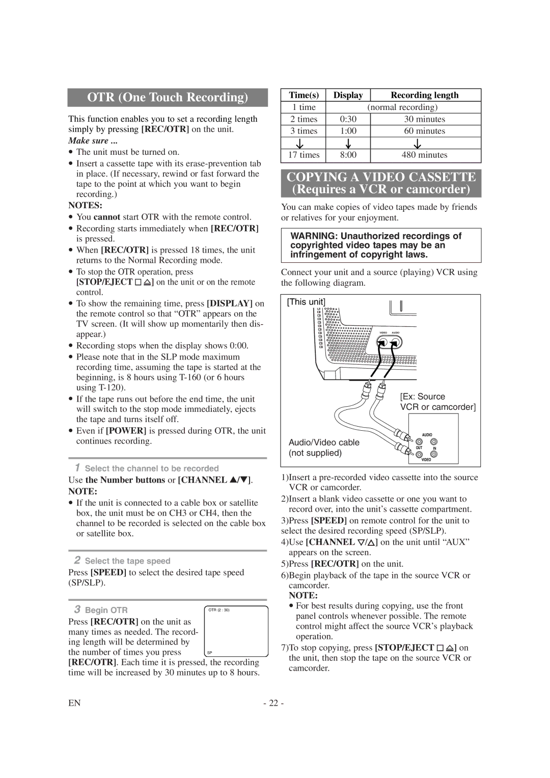 Symphonic SC1304 owner manual Use the Number buttons or Channel K/L, Times Display Recording length 