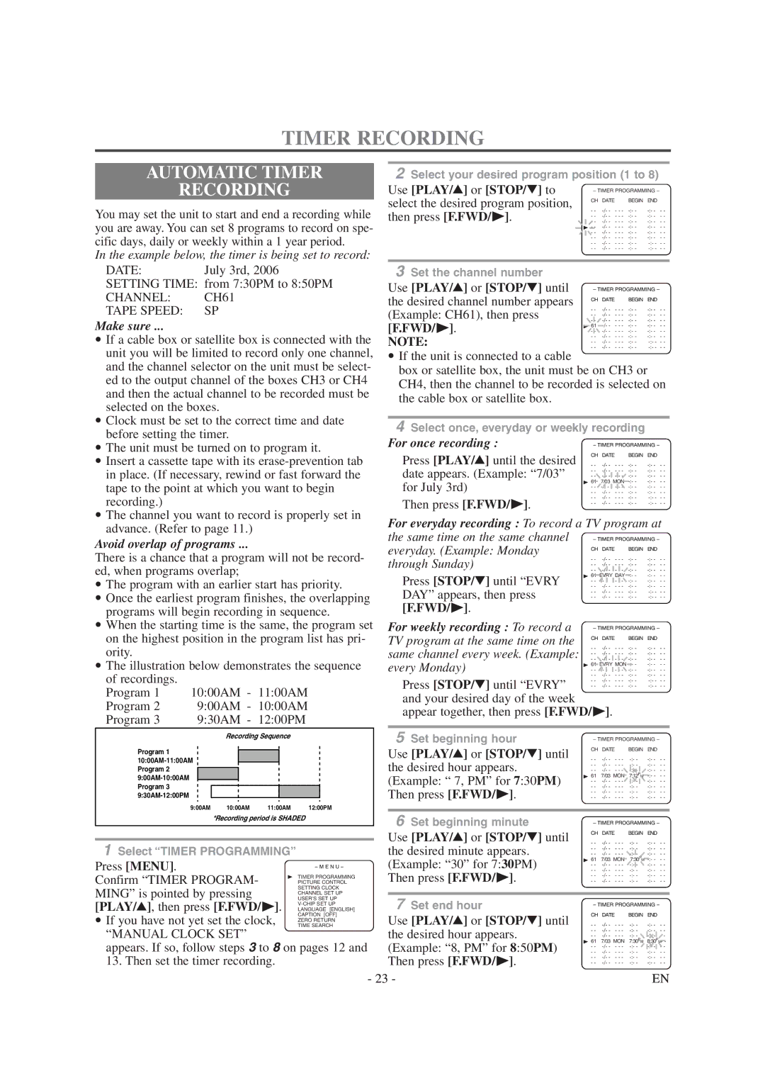 Symphonic SC1304 owner manual Automatic Timer Recording, Fwd/ B, PLAY/K, then press F.FWD/ B 