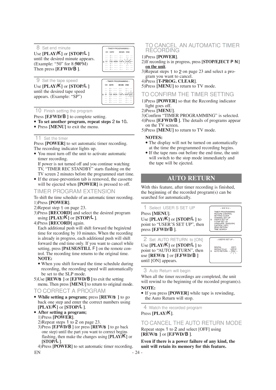 Symphonic SC1304 owner manual Auto Return 