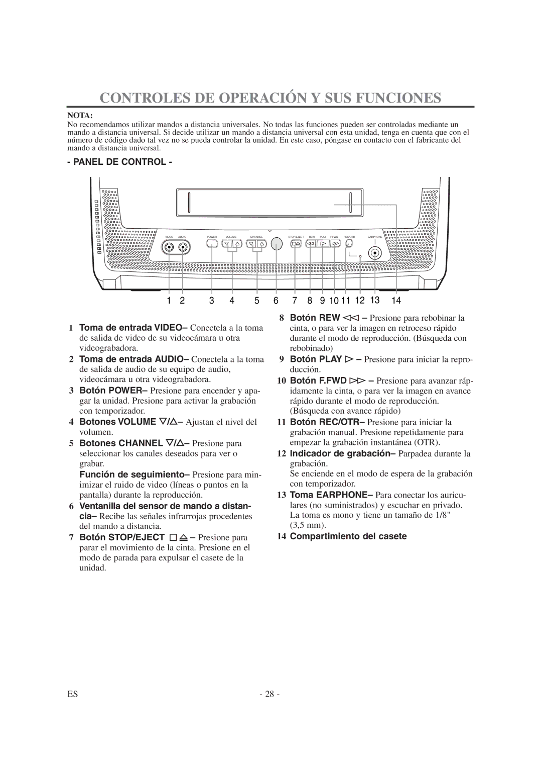 Symphonic SC1304 owner manual Controles DE Operación Y SUS Funciones, Nota 