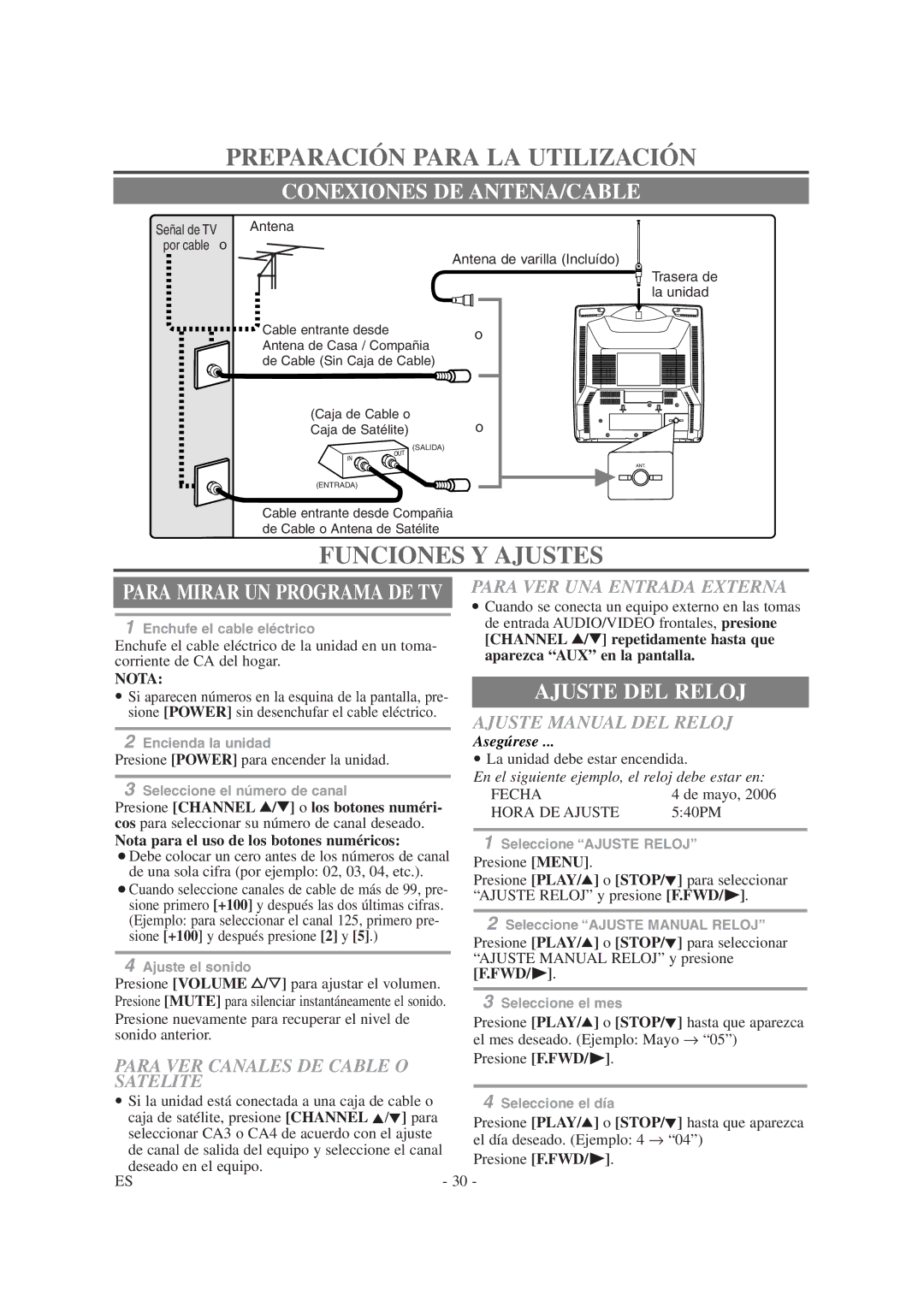 Symphonic SC1304 Preparación Para LA Utilización, Funciones Y Ajustes, Conexiones DE ANTENA/CABLE, Ajuste DEL Reloj 