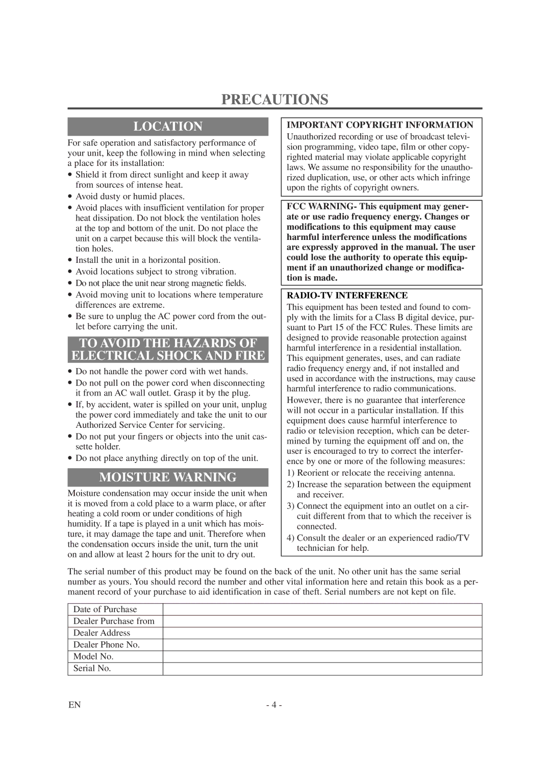 Symphonic SC1304 Precautions, Location, Moisture Warning, Important Copyright Information, RADIO-TV Interference 