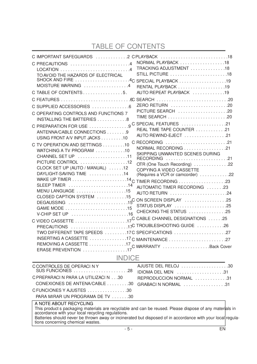 Symphonic SC1304 owner manual Table of Contents, Indice 