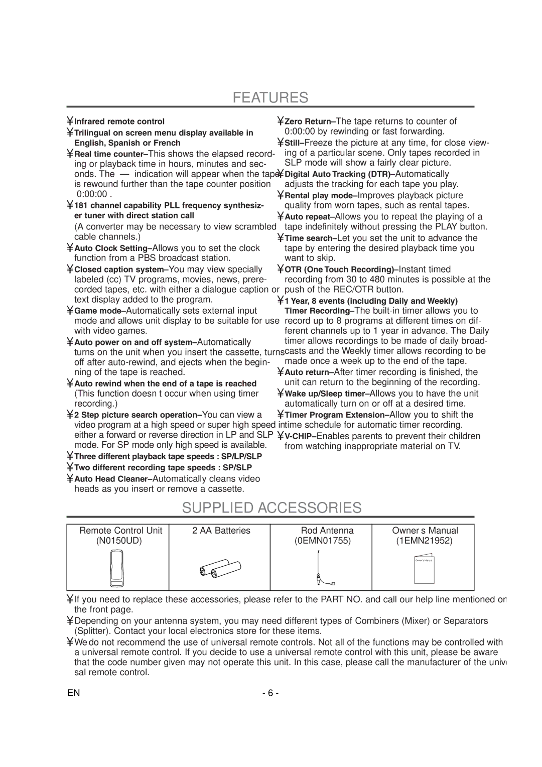 Symphonic SC1304 owner manual Features, Supplied Accessories 